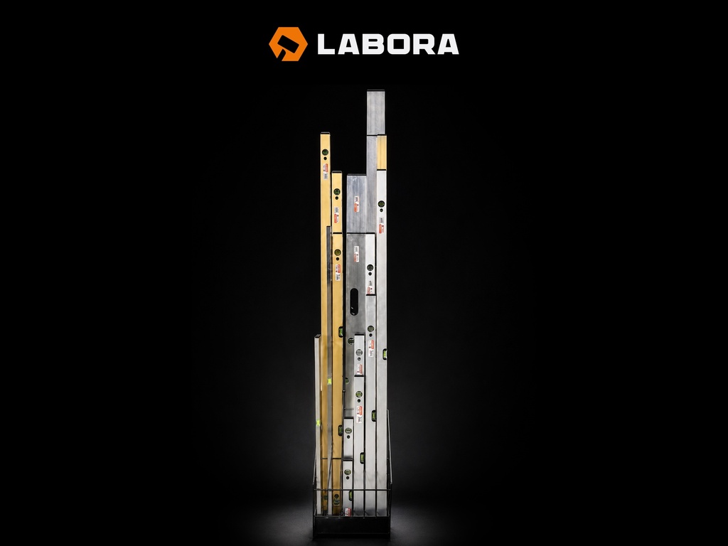 Waterpas LABORA Gold 200 cm, dikwandig aluminium, met 4 libellen en stelvoetjes